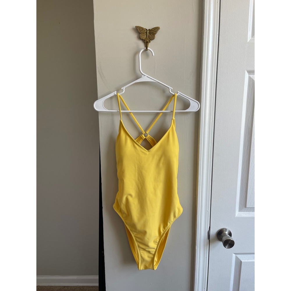 Shade & Shore Womens Yellow V-Neck Cross Back One Piece Swimsuit Size M 8-10